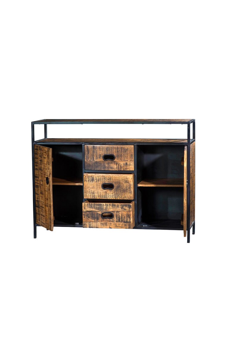 Villa 2 Milano 2 Cabinet 3 Drawer Dresser pieces have rich wood finish with gray accent undertone. The dresser with three drawers and two cabinets features forged iron handles/knobs. The dresser has one top shelf to display decor, mirrors, etc. and one open shelf to tuck the essentials in. The iron silhouette features a black finish. The wood is solid mango wood.