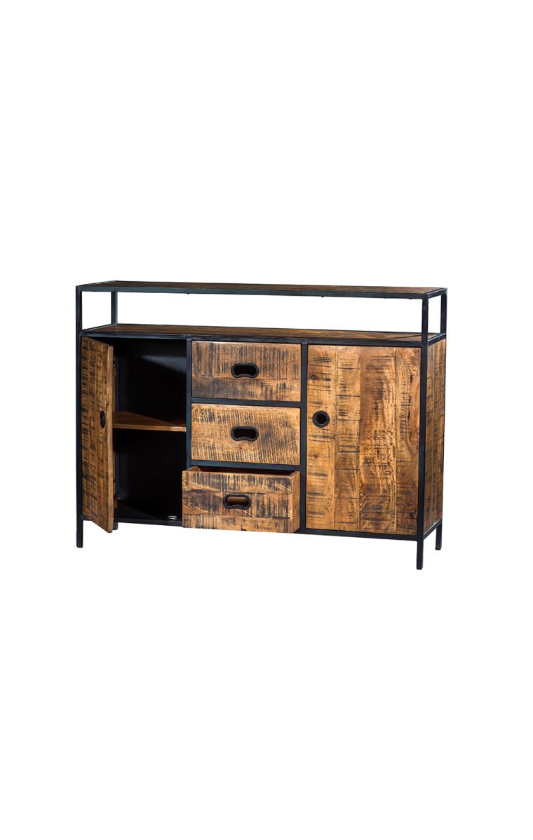 Villa 2 Milano 2 Cabinet 3 Drawer Dresser pieces have rich wood finish with gray accent undertone. The dresser with three drawers and two cabinets features forged iron handles/knobs. The dresser has one top shelf to display decor, mirrors, etc. and one open shelf to tuck the essentials in. The iron silhouette features a black finish. The wood is solid mango wood.