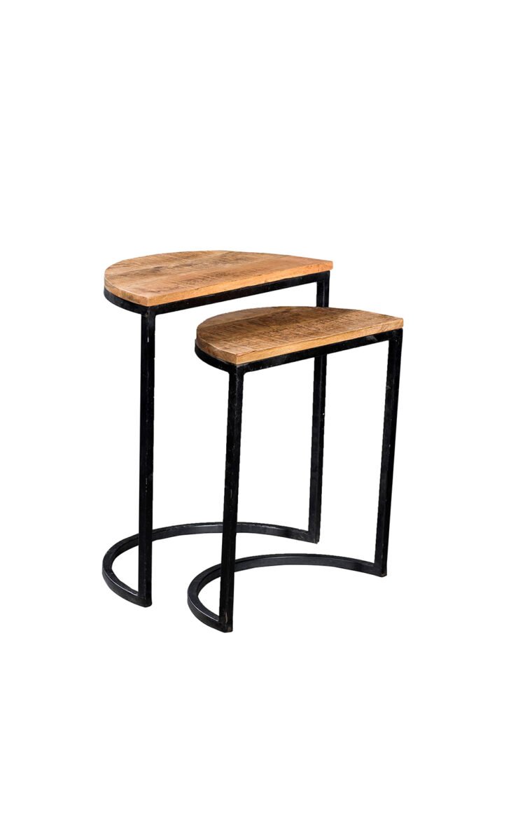 Half Moon Nesting Table have a very attractive shape of half moon. The iron legs are finished in black finish with the semi-rough wooden top finished in a rich lacquered finish.