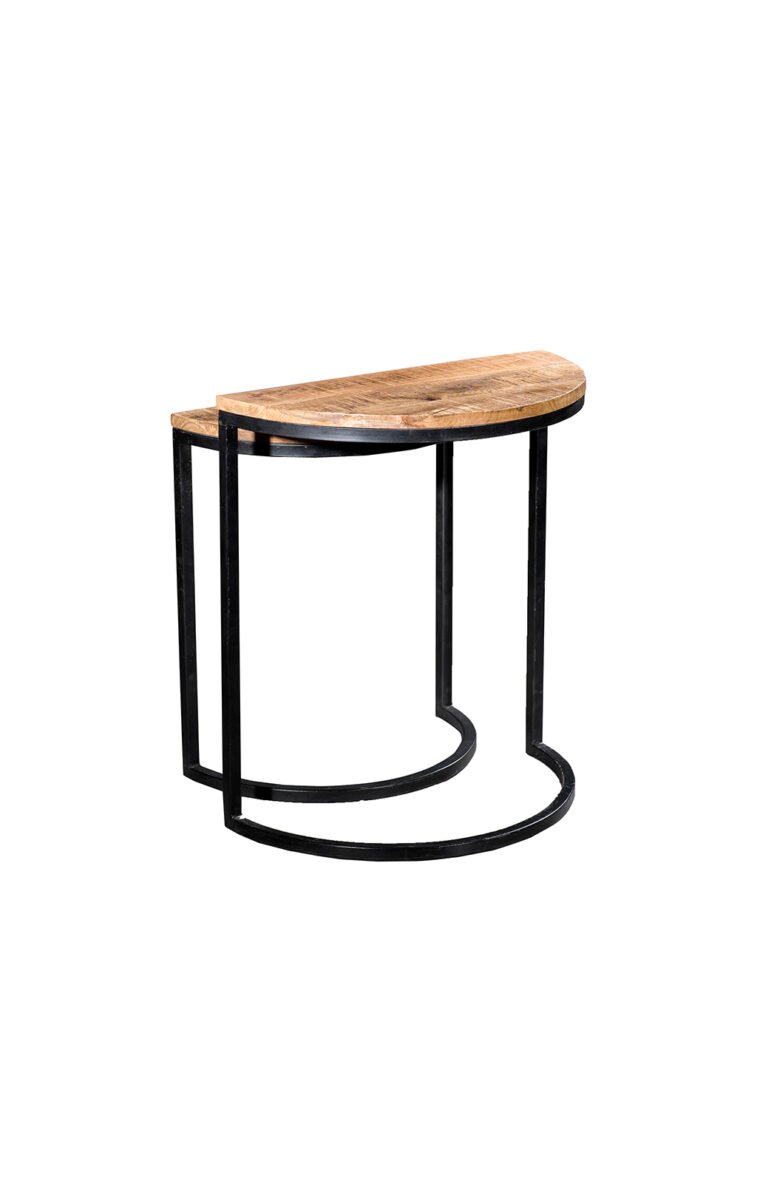 Half Moon Nesting Table have a very attractive shape of half moon. The iron legs are finished in black finish with the semi-rough wooden top finished in a rich lacquered finish.