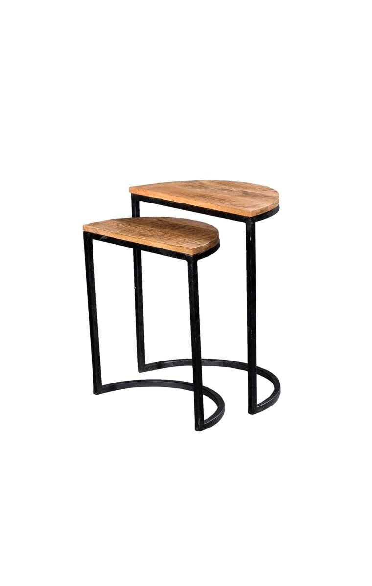 Half Moon Nesting Table have a very attractive shape of half moon. The iron legs are finished in black finish with the semi-rough wooden top finished in a rich lacquered finish.