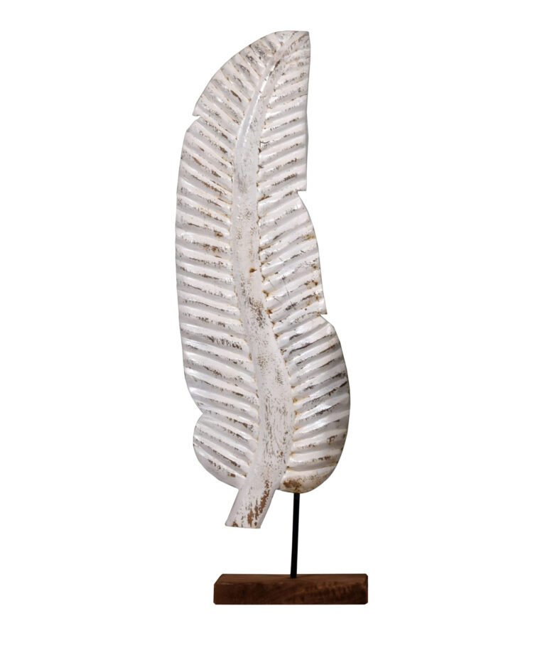 Villa 2 Hand Carved Wooden Leaf stands on Wooden-Iron Stand and is a beautiful accent addition to any table top. The Finish on the wood is Distressed Antique White Finish with Iron finished in Black.