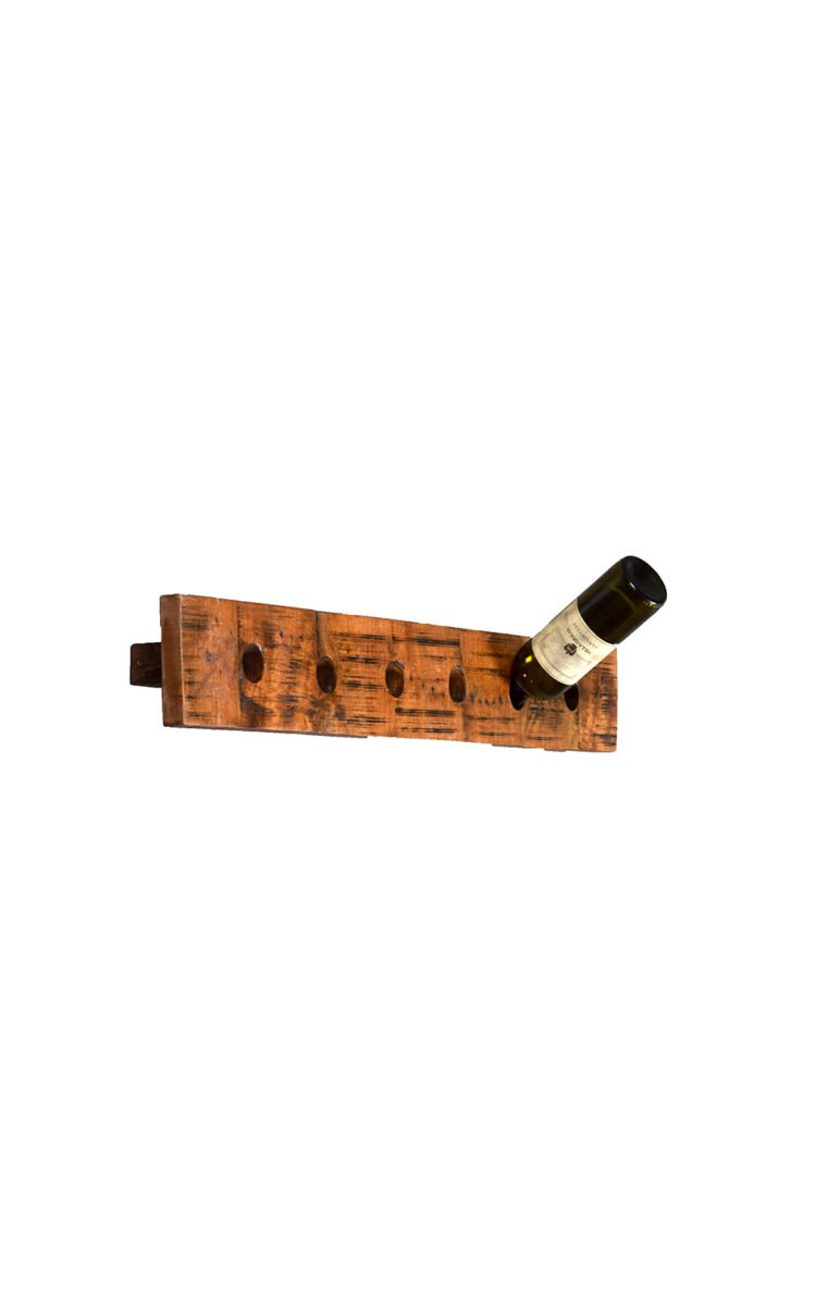 Villa 2 Wine 6 Bottle Elongated Wine Rack, Display your wine in rustic style with this wine bottle rack. Wall-mount this wine rack to warm up a room with the beautifully detailed natural grain of the exposed soft brown with dark inlay solid mango wood planks. The minimalist, rustic aesthetic of this pegboard wine rack elevates your rustic decor or farmhouse decor dining room, kitchen, or bar area. Use it to hold your wine bottles, or add empty, multi-colored glass bottles to create colorful and rustic DIY wall art.