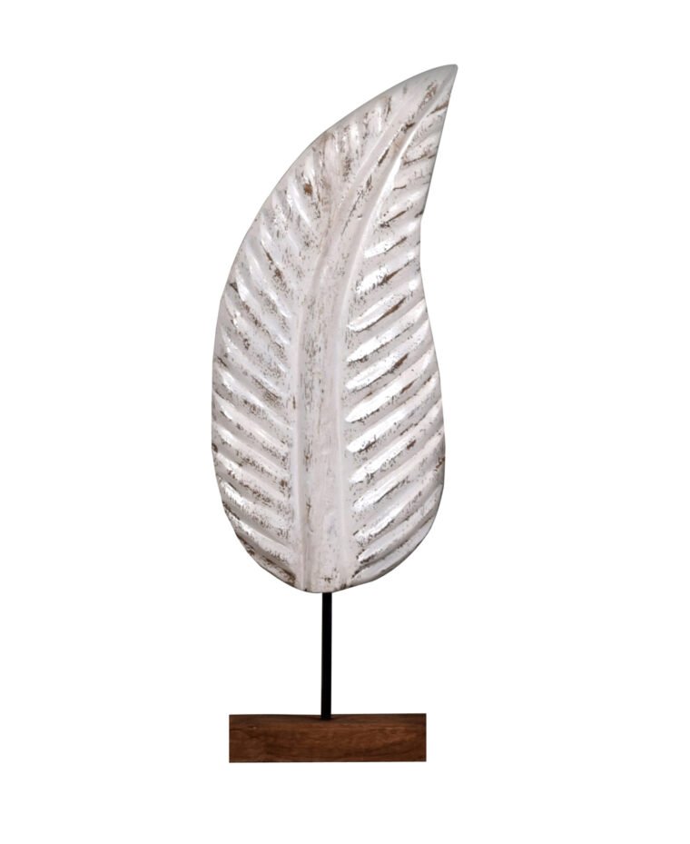 Villa 2 Hand Carved Wooden Leaf stands on Wooden-Iron Stand and is a beautiful accent addition to any table top. The Finish on the wood is Distressed Antique White Finish with Iron finished in Black.