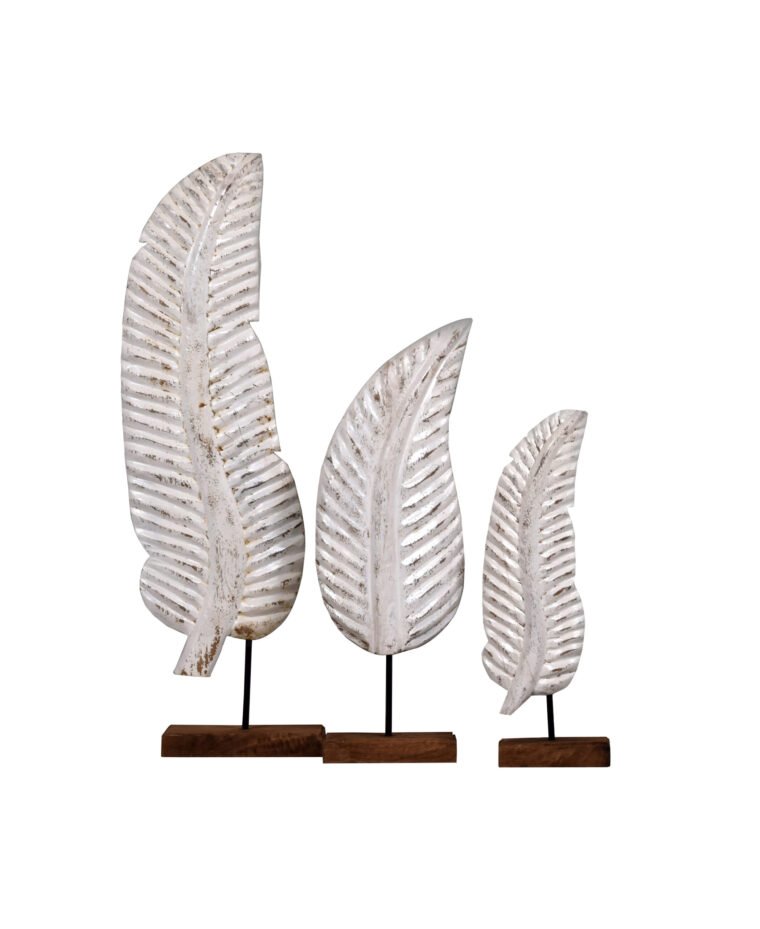 Villa 2 Hand Carved Wooden Leaf stands on Wooden-Iron Stand and is a beautiful accent addition to any table top. The Finish on the wood is Distressed Antique White Finish with Iron finished in Black.