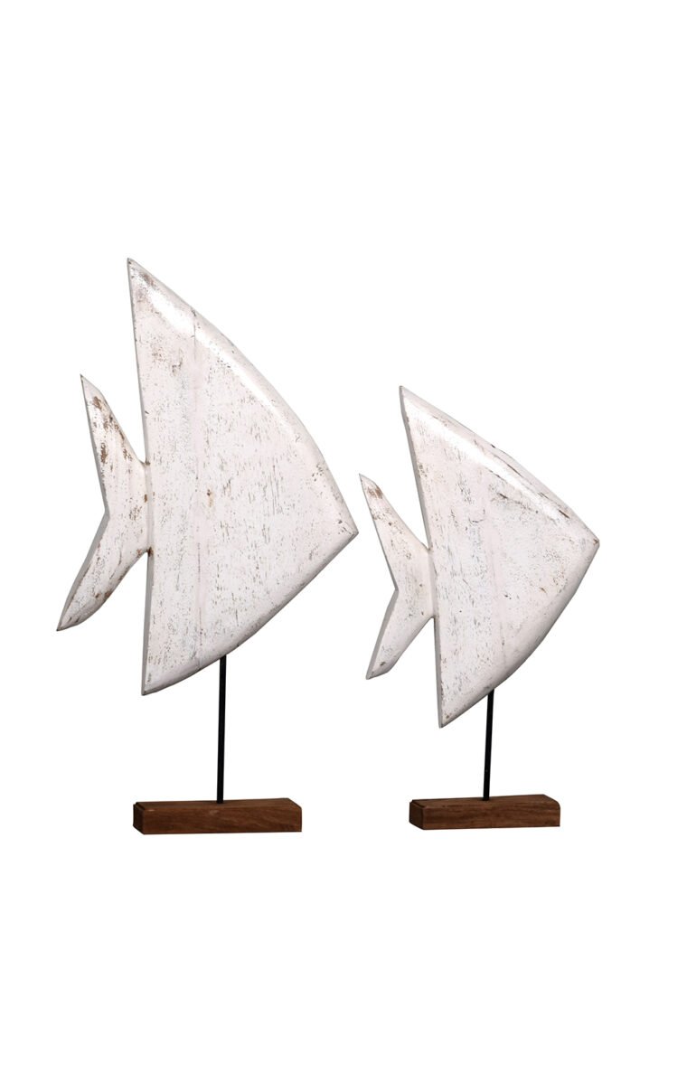 Villa 2 Angel Fish on Stand is Hand Carved by skilled artisians. The Fish is carved out of solid mango wood and has been finished in Weathered Gray Vintage Finish. The Fish stands on Iron Rod Finished in Black and Wooden Base finished in Weathered Vintage Finish.