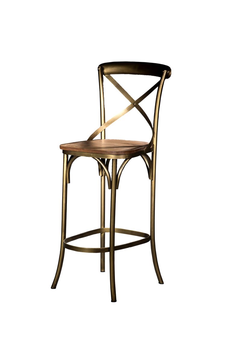 Villa 2 This bar stool has a comfortable wooden seat in vintage weathered. The iron frame features a cross back with sturdy legs. The stool comes with an attached footrest