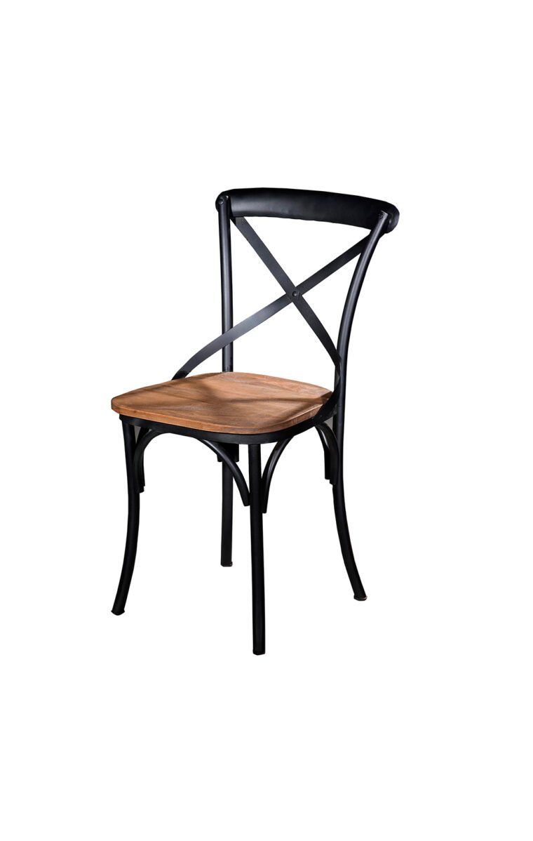 Villa 2 This dining chair has a comfortable wooden seat finished in a vintage weathered finish. The iron frame features a cross back with sturdy legs and is finished in black finish.