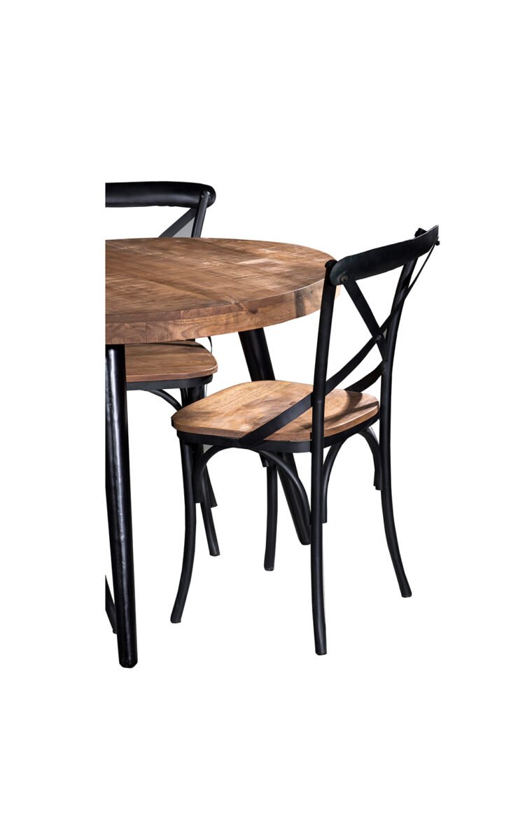 Villa 2 This dining chair has a comfortable wooden seat finished in a vintage weathered finish. The iron frame features a cross back with sturdy legs and is finished in black finish.