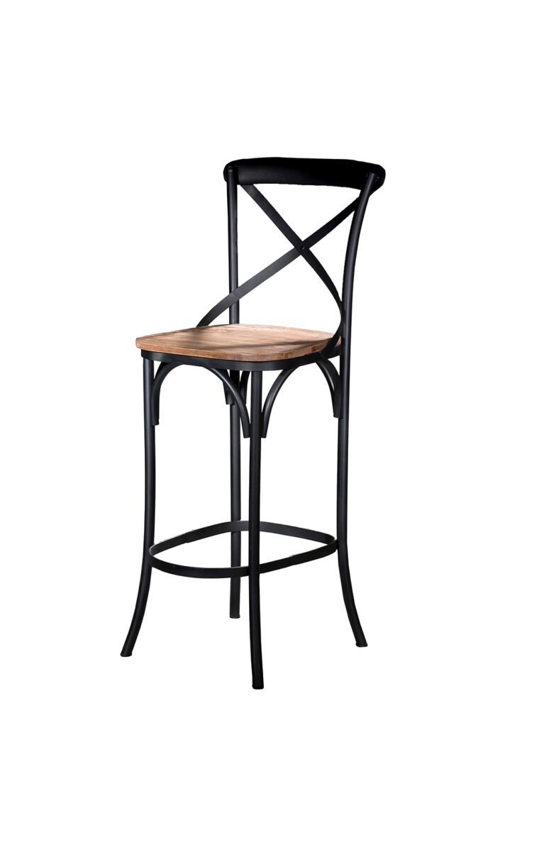 Villa 2 This bar stool has a comfortable wooden seat in vintage weathered. The iron frame features a cross back with sturdy legs. The stool comes with an attached footrest.