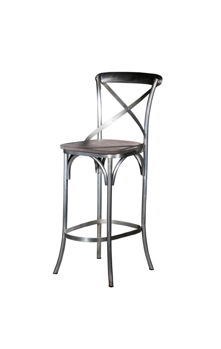 Villa 2 This bar stool has a comfortable wooden seat in vintage weathered. The iron frame features a cross back with sturdy legs. The stool comes with an attached footrest.