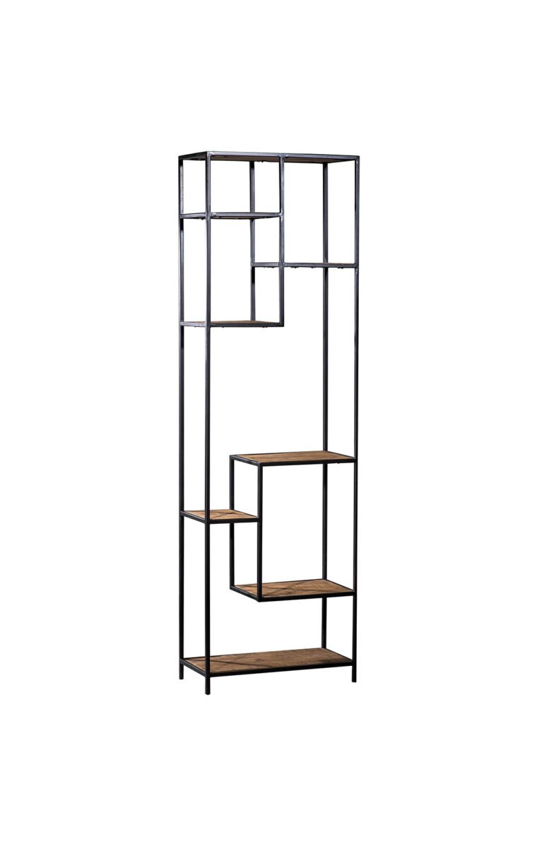 Villa 2 This bookcase has a multiple size shelving system. The silhouette material is iron finished in black finish. The wooden semi-rough inserts are finished in a vintage weathered finish.