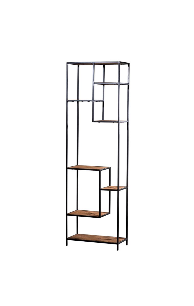 Villa 2 This bookcase has a multiple size shelving system. The silhouette material is iron finished in black finish. The wooden semi-rough inserts are finished in a vintage weathered finish.