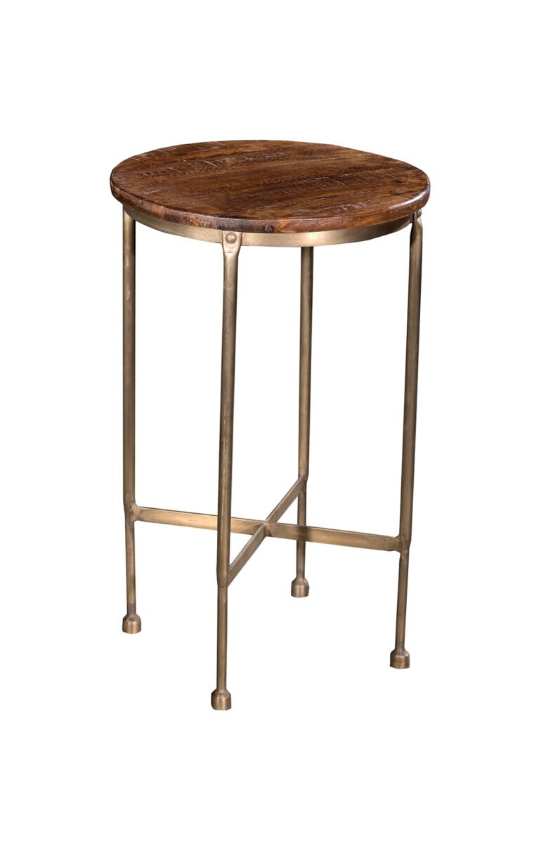 Villa 2 Stage lush potted succulents and glossy fashion books or use as a counter size stool to sit on this Accent Stool. The metal base with the round cylindrical foot is crafted from iron with a brushed while the round top offers a contrasting brown wood grain.