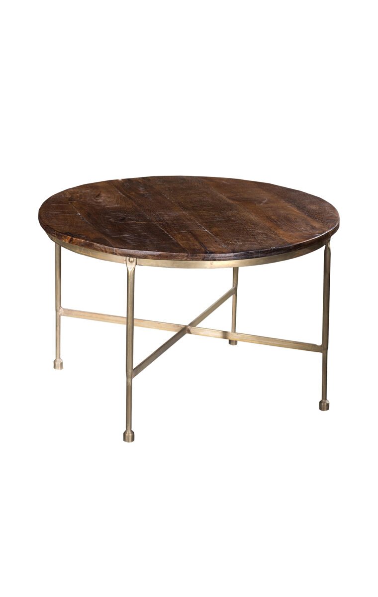 Villa 2 Stage lush potted succulents and glossy fashion books or serve up trays of freshly-made Moscow mules with this Wooden Iron Coffee Table. The metal base with the round cylindrical foot is crafted from iron with a brushed while the round top offers a contrasting wood grain.