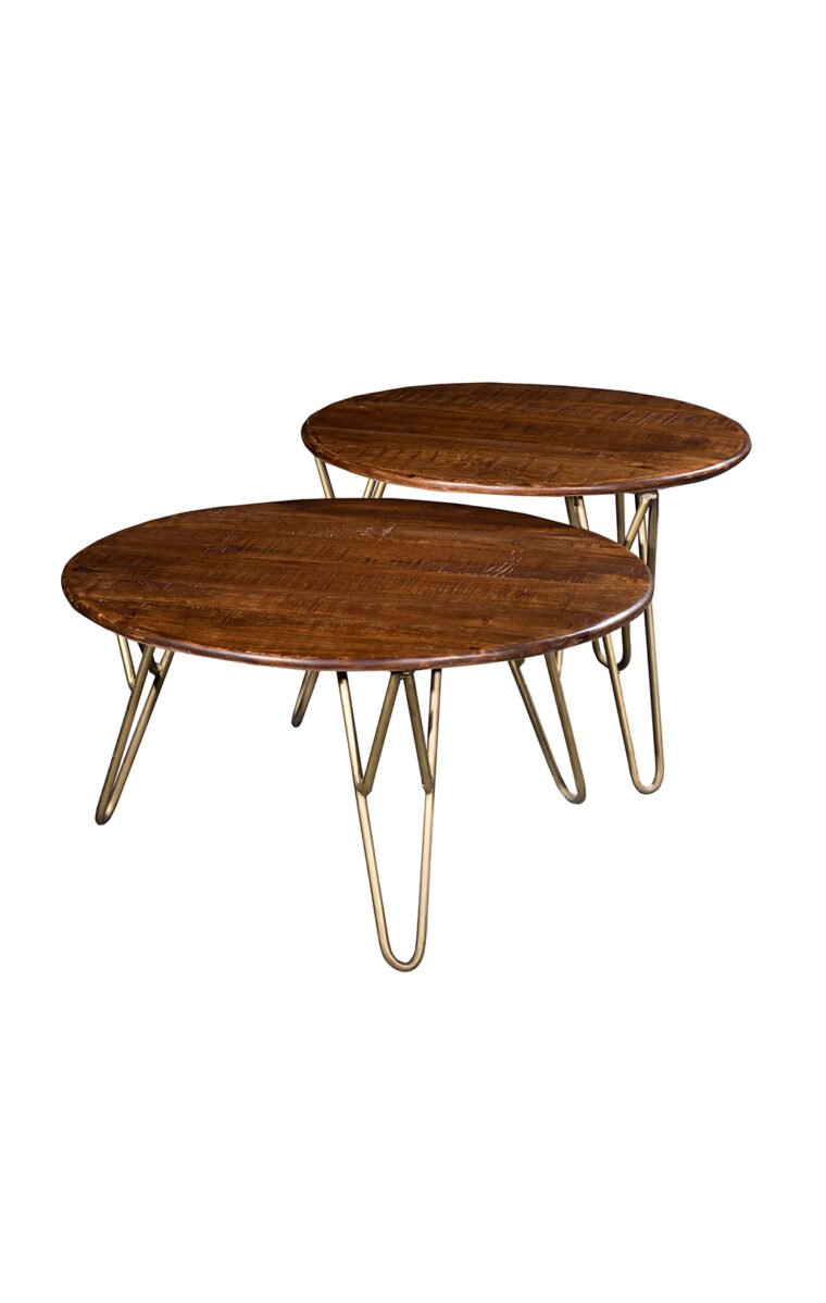 Villa 2 These nesting tables features lovely hairpins legs finished in antique brushed gold finish. The top is semi-rough solid mango finished in rich wood finish.