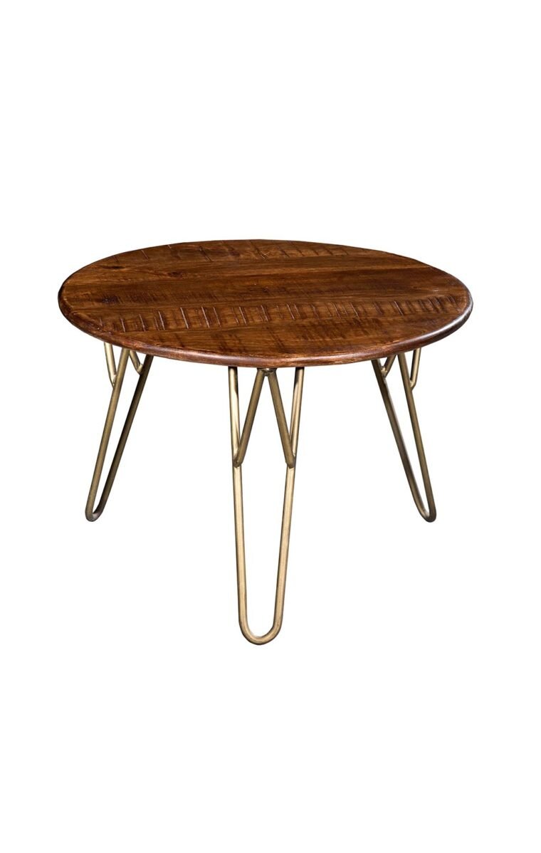 Villa 2 These nesting tables features lovely hairpins legs finished in antique brushed gold finish. The top is semi-rough solid mango finished in rich wood finish.