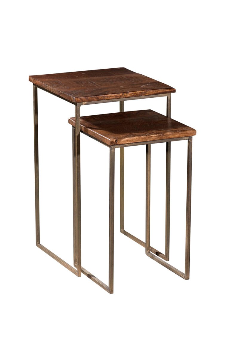 Villa 2 The Wooden 2 Piece Nesting Tables with wooden tops set of two nested have great use. The metal is antique brushed brass-finished and the wooden tops are in rich wood finish creates a great combination.