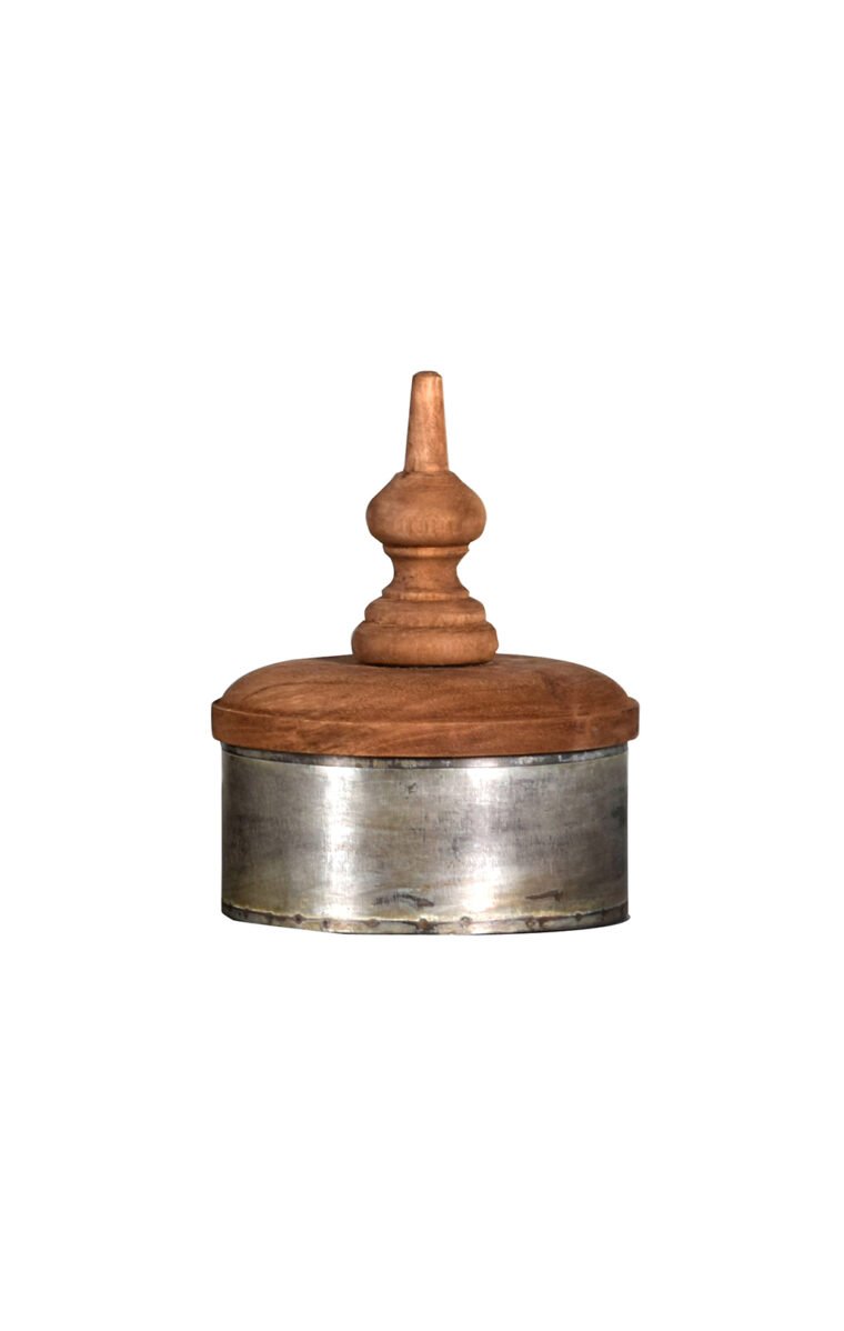 Villa 2 Jasmine box with lid has galvanized iron sheet cylindrical vase with vintage-inspired finish called lota finish. The hand carved lid is a beautiful addition and adds to character of the vase. The lid is finished in weathered vintage-inspired finish.