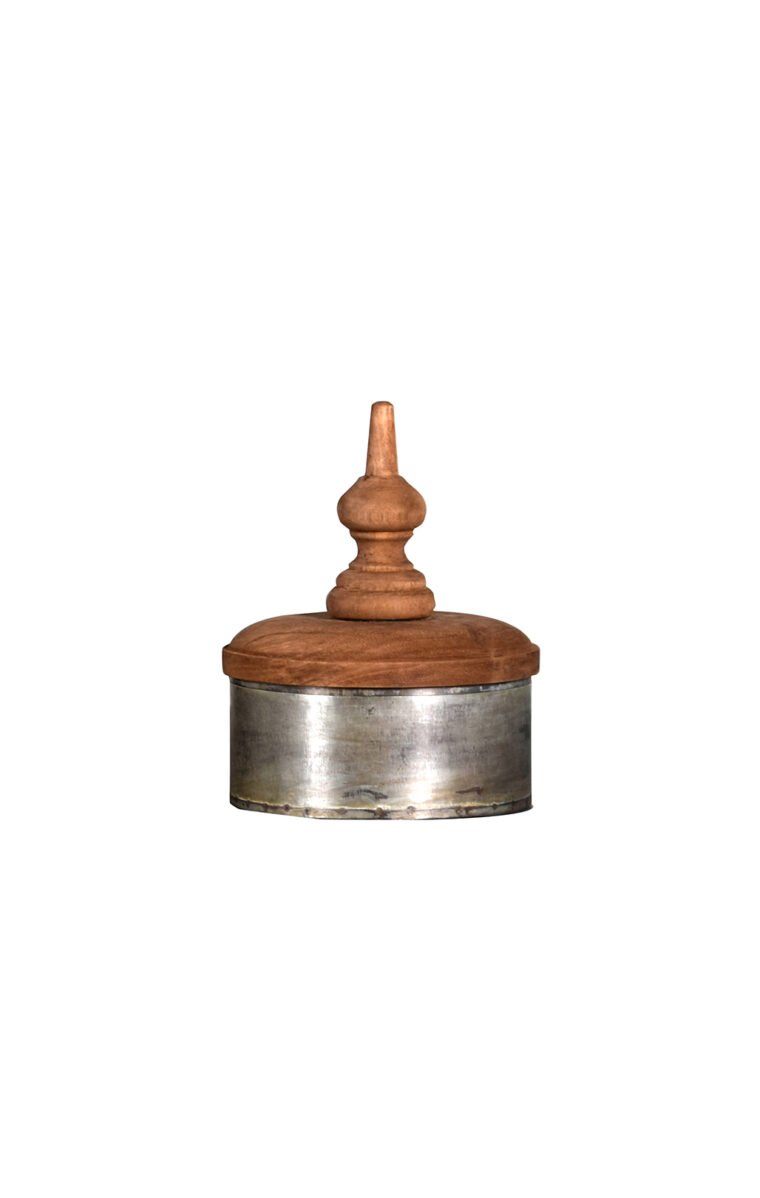 Villa 2 Jasmine box with lid has galvanized iron sheet cylindrical vase with vintage-inspired finish called lota finish. The hand carved lid is a beautiful addition and adds to character of the vase. The lid is finished in weathered vintage-inspired finish.