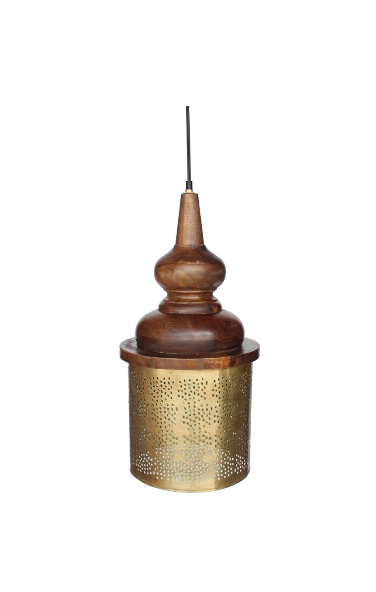 Villa 2 Celestial Brass Pendant blends industrial and contemporary looks into one fixture very beautiful. The Shade holder is hand carved and finished in Rich Look Brown Finish. The "Jaali" shade finished in Brushed Antique Brass creates a lovely ambience by letting light seep through the small holes of the shade.