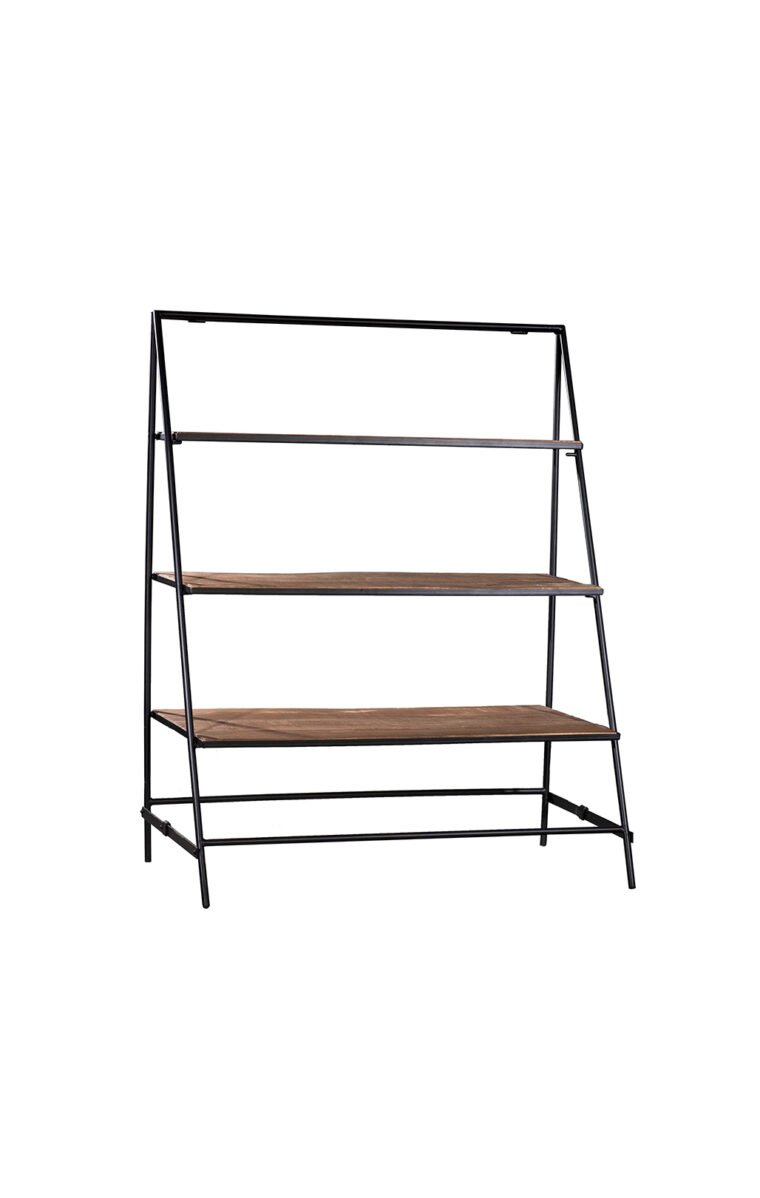 Villa 2 This bookcase has 3 large platform shelf. It features iron silhouette finished in black finish. The wooden inserts are semi-rough fished in a vintage weathered finish.