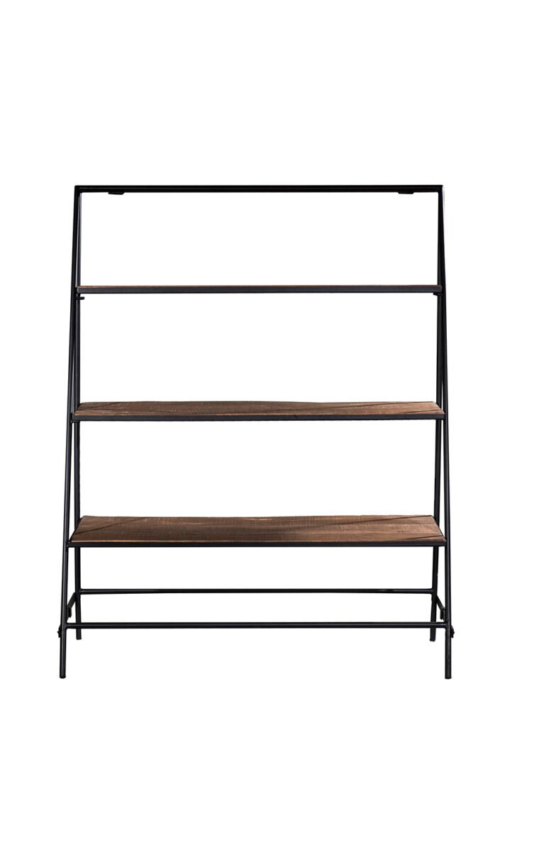 Villa 2 This bookcase has 3 large platform shelf. It features iron silhouette finished in black finish. The wooden inserts are semi-rough fished in a vintage weathered finish.