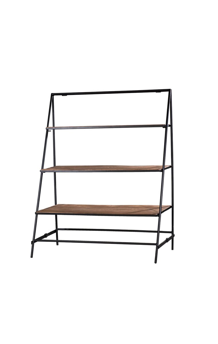 Villa 2 This bookcase has 3 large platform shelf. It features iron silhouette finished in black finish. The wooden inserts are semi-rough fished in a vintage weathered finish.