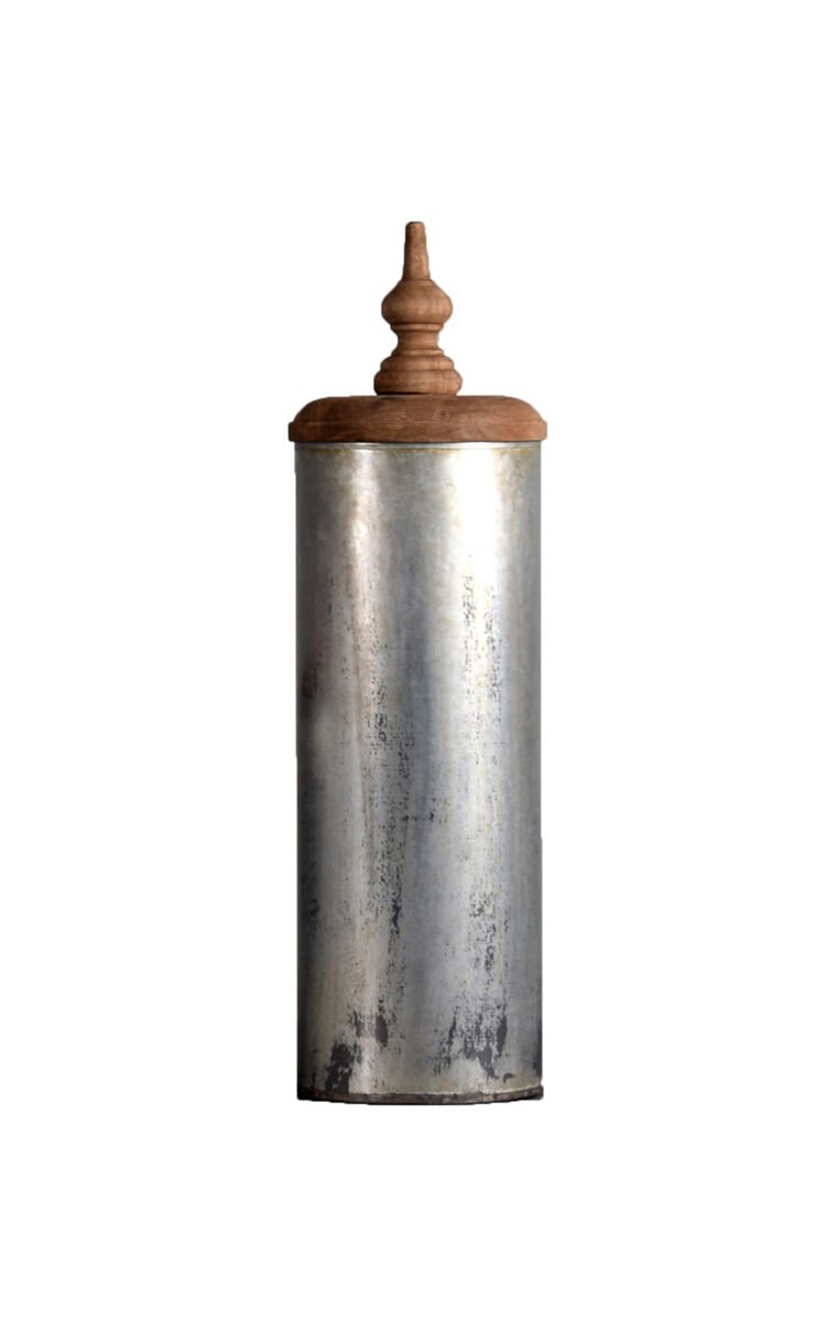 Villa 2 Alladin Vase With Wire has galvanized Iron Sheet cylindrical vase with Vintage Finish called Lota Finish. The Hand Carved Lid is a beautiful Addition and adds to character of the Vase. The Lid is finished in Weathered Vintage Finish.