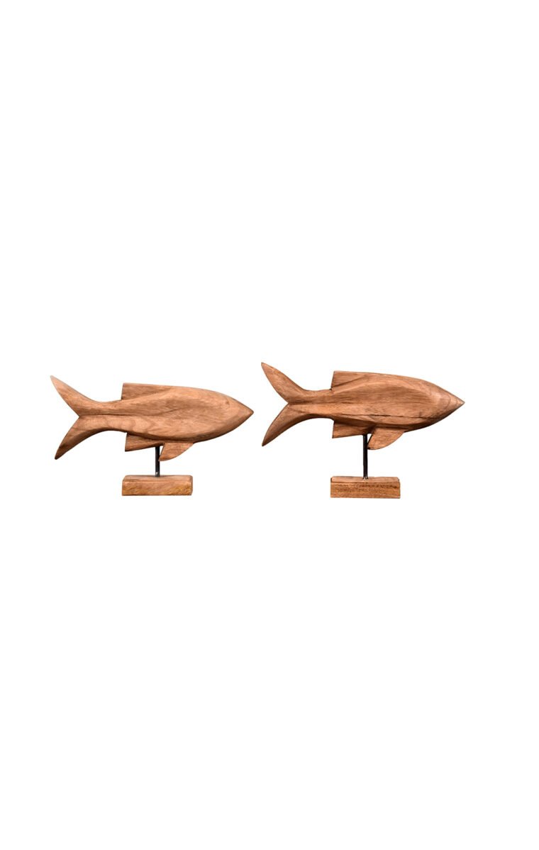 Villa 2 Wooden Fish On Stand Set Of two Fish Hand Carved by Skilled artists of India. The Finish Of The Fishes is Distressed Antique White Finish.