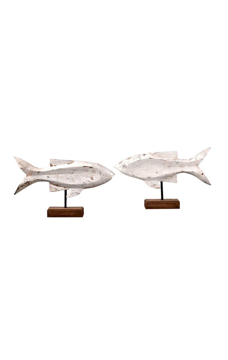 Villa 2 Wooden Fish On Stand is Set of 2 Fish Hand Carved by Skilled artists of India. The Finish Of The Fishes is Distressed Antique White Finish.